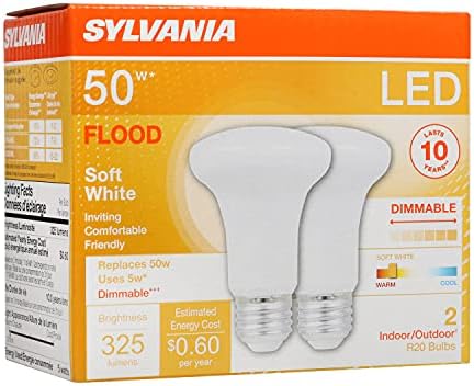 Sylvania liderou lâmpada de inundação R20, 50W = 5W, 10 anos, 325 lúmens, e26 Base média, diminuído, 2700k, branco macio -