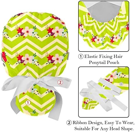 Capas médicas para mulheres com botões de cabelo comprido, boné de trabalho ajustável de 2 peças, floral com listras