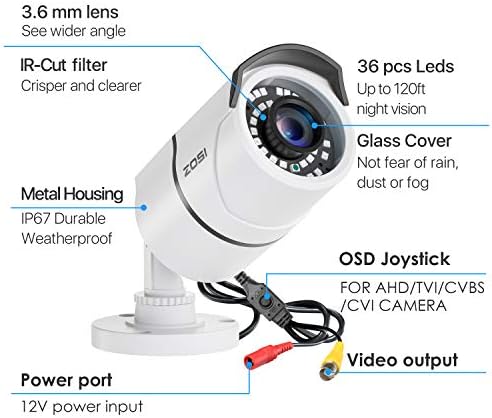 Zosi 2 pacote 2,0mp HD 1080p 1920tvl Câmera de segurança externa interna, 36pcs LEDs, visão noturna de 120 pés, câmera de vigilância de ângulo de vista de 105 °