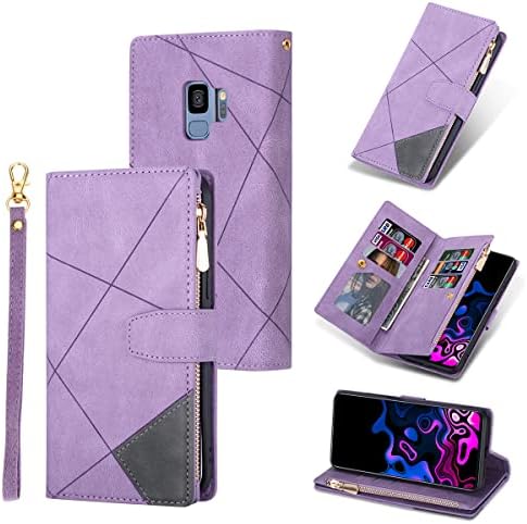 Caixa da carteira de Uebai para Samsung Galaxy S9, capa de capa de couro PU Premium vintage com ranhuras de cartas de encerramento magnético Zipper bolso de bolso de bolso com alça de mão - Purle
