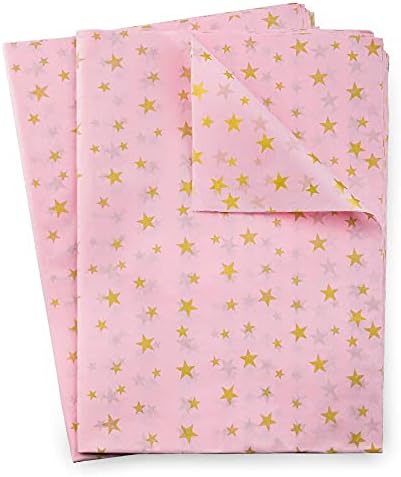 Mr Five 50 Sheets Rosa com Papel de Estrela de Estrela de Ouro Metálico Bulk, 20 X 28, papel de seda rosa para sacolas de presente,