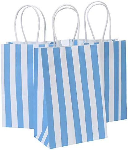 Ronvir 25pcs Sacos de presente azuis 5.25x3.25x8 polegadas pequenas sacolas listradas de bolsas de papel reciradas para chá de bebê, brindes, aniversário, negócios, compras, Halloween, Natal