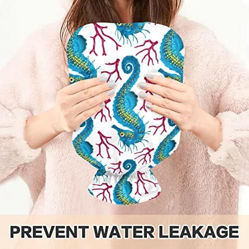 Garrafas de água quente com capa Seahorse Coral Hot Water Bag para alívio da dor, garotas femininas, bolsa de água quente de 2 litros