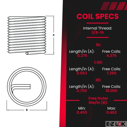E-Z LOK Bobina Inserção rosqueada para metal 18-8 Aço inoxidável Aço helicoidal Inserir 3/8-16 fios internos, 0,750 de comprimento,