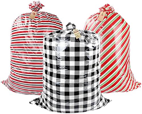 Lezakaa Christmas Jumbo Gift Saco com barbante, etiqueta de presente, grandes sacolas de plástico com faixa vermelha e vara
