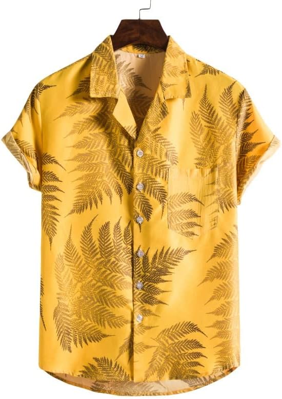 Camisetas Coleção Havaiana Praia Praia Estampa de colarinho de colarinho calças de praia de manga curta Conjunto amarelo