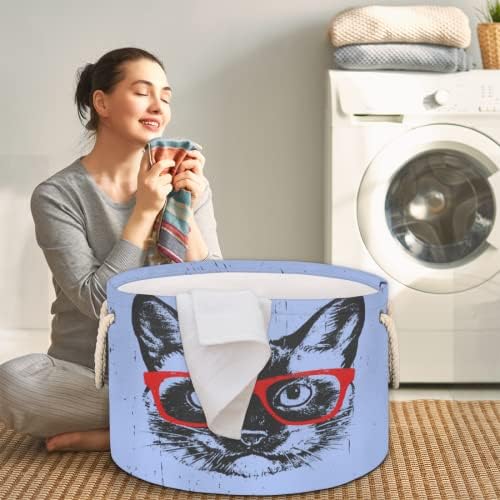 Gato Face Glases Cestos redondos grandes para cestas de lavanderia de armazenamento com alças cestas de armazenamento de mantas para