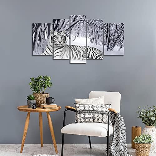 To Crazy Art - 5 peças Tigre branco Pintura de parede de parede da imagem impressão de imagem imagens de animais de tela Modern obras de arte para a sala de jantar Decoração de decoração de casa Presente de decoração