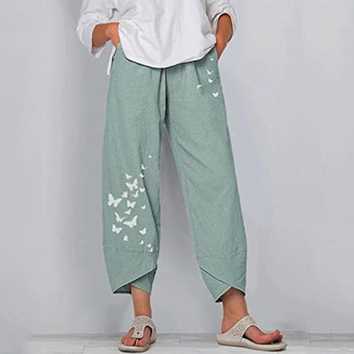 Calças de linho de algodão para mulheres para mulheres calças casuais de verão com bolsos soltos fit boho calças de praia