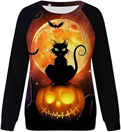 Camisas de Halloween de Halloween feminino colorblock de manga comprida coloridas de tripulantes soltos camisetas fofas Sunset Black Cat Graphic Tops