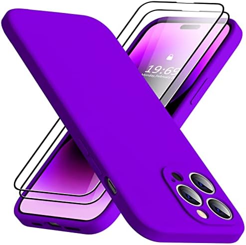 Tisoog compatível com o iPhone 14 Pro Max Case for Women, com 2 PCS 9H Protetor de tela de vidro temperado, [Proteção à câmera] [revestimento de microfibra] Caso de silicone Slim para iPhone 14 Pro Max, Neon Purple