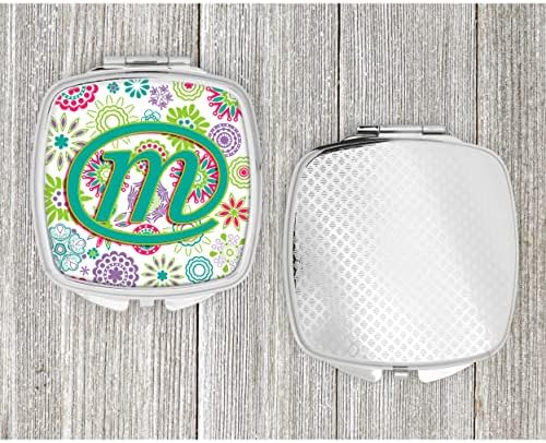 Tesouros de Caroline CJ2011-MSCM letra m flores rosa verde verde espelho compacto inicial, espelho de maquiagem de viagem