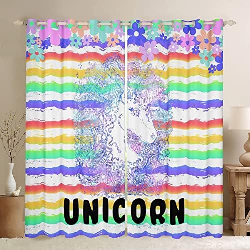 Cortinas e cortinas de unicórnio erosébrida, faixas de arco -íris linhas cortinas para meninas decoração de quarto de crianças,