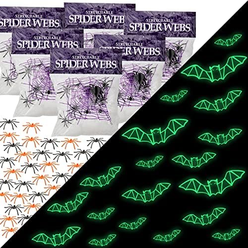 Pacote de 6 pacote Fake Spider Web Tapa de aranha - teias de aranha de Halloween com 60 aranha falsa, 24 morcegos