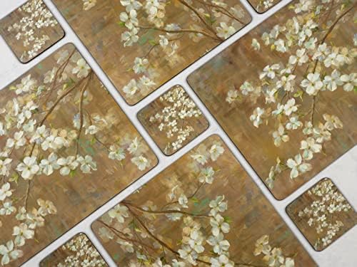 Pimpernel Dogwood em Spring Collection Placemats | Conjunto de 4 | Tapetes resistentes ao calor | Placa apoiada por cortiça | Hard Placemat Set para mesa de jantar | Mede 15,7 ”x 11,7”