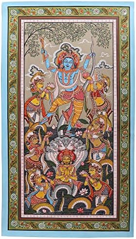 Índia exótica Krishna dançando em serpente kaliya - pintura de cor aquática na arte folclórica de Patti da cidade de Temple Puri