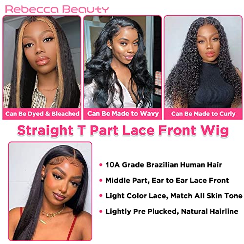 Rebecca Beauty renda reta perucas frontais cabelos humanos, 13x4x0.5 t Part hd renda frontal peruca pré -arrancada, densidade de 150% cabelos brasileiros para mulheres negras