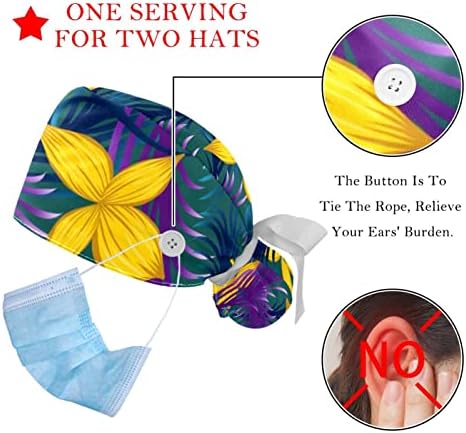 2 pacotes de tampa de trabalho com botões, chapéus de amarração elástica ajustável, folha de pássaro de flores de tampa cirúrgica