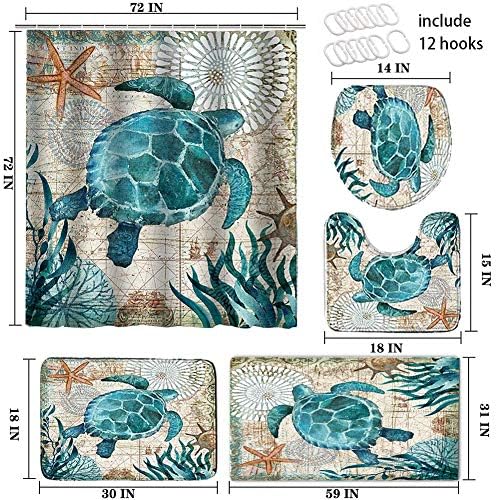 Cortina de chuveiro de tartaruga marinha náutica de 5 PCs com tapetes e toalhas incluem tapetes que não são de deslizamento,