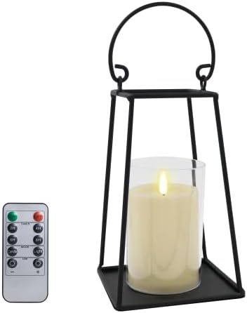 Lanterna de vela de metal com vela de plástico de marfim sem chamas realista com casca de pilar transparente, suporte aberto,