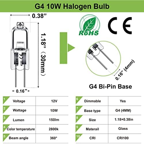 Lâmpada G4, 12pcs G4 Halogênio 10W, lâmpada G4 de alta saída 150lm com base bi-pino G4, T3 G4 Longa Longa Longa Dimmível,