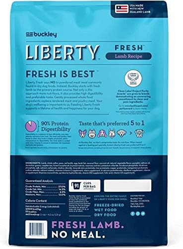 Buckley Liberty Fresh Dry Food para cães, sem grãos e alta digestibilidade, receita de cordeiro, 24 lb
