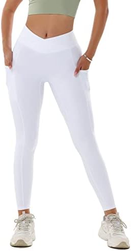 Leggings de cintura transversal de zioccie feminino com bolsos - sem costura frontal calças de ioga de treino macio e macio de costura frontal