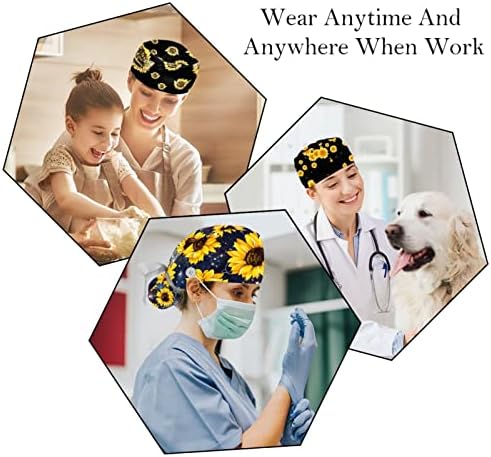 6 PCs Nurse Scrub Caps Cabelo de cabelo comprido, Bapa de trabalho ajustável em flores do crânio com botão e fita de moletom
