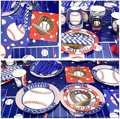 Suprimentos para festas de beisebol - kit de tabela de beisebol, incluindo banner, pratos, xícaras, guardanapos, colheres, facas, garfos, toalhas de mesa, para crianças com temas de beisebol decorações de aniversário, serve 20 convidados