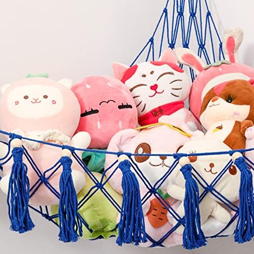 Hammock de brinquedo de animais de pelúcia com luz LED, bolsa de rede boêmia para pendurar brinquedos pendurados de pelúcia, rede de armazenamento de organizador de brinquedos, média azul royal