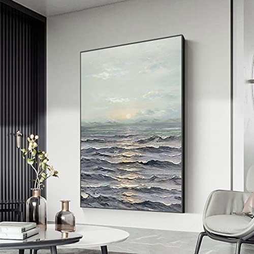 Pintura a óleo pintada à mão-nascer do sol à beira-mar, vento wabi-sanabi, sala de jantar cinza preto e branco da sala de