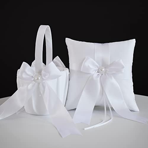 Cesto de cesto de menina de flores de casamento e travesseiro de portador de anel, cesta de flores de fada branca e travesseiro de