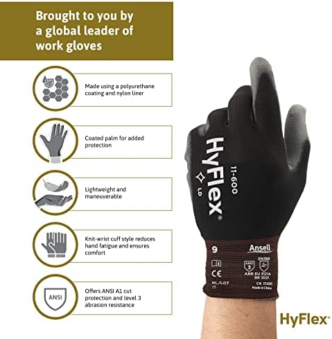 Luvas industriais de nylon de serviço leve Hyflex 11-600 com revestimento de palma para fabricação de metal, automotivo - preto