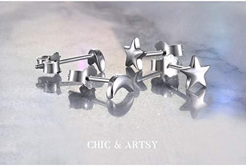 Chic & Artsy 2 Pars Brincos de estrela da lua 925 Brincos de lua de prata esterlina Crescente Polish altos minúsculos