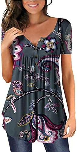 Túnicas de estampa floral para mulheres esconderam camiseta de camiseta tops de plus size de verão button de manga