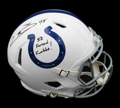 Robert Mathis assinou o capacete da NFL autêntico de Indianapolis Colts com “52 Fumbles forçados!” Inscrição - Capacetes NFL autografados