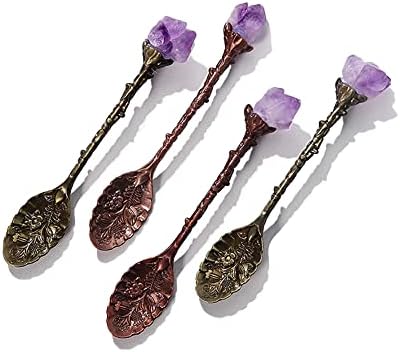 Colher de cobre de flor de ametha natural, 1 par de cristal de pedra crua polida à mão Lucky Coffee Cream Spoons Decorações Presentes para cozinha de escritório em casa