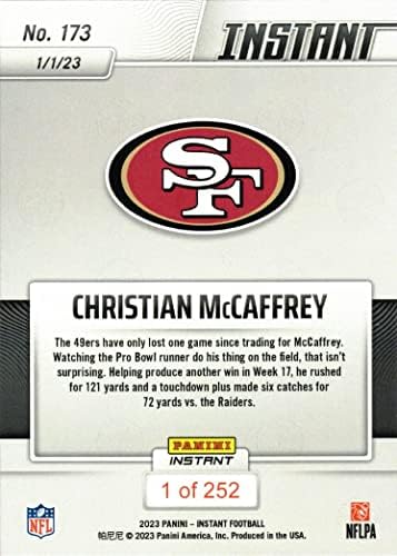 2022 Panini Instant 173 Christian McCaffrey Football Card 49ers - apenas 252 Made