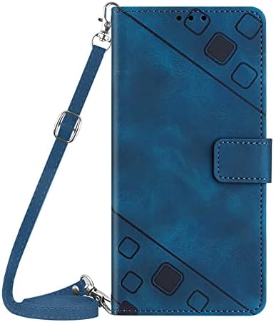 Compatível com a carteira de caixa Samsung S22 com slots de cartão de crédito Strap pulseira e capa de proteção de couro azul de cordão.