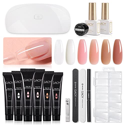 Kit de unhas Gaoy Poly Gel com kit de partida de luz leve, kit de extensão de unhas em gel de 6 pcs para iniciantes com tudo o que Nail Art Diy