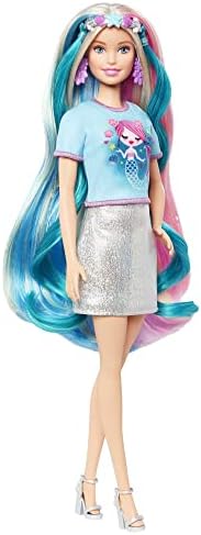 Boneca e acessórios para cabelos da Barbie Fantasy, cabelos loiros longos coloridos com sereia e roupas inspiradas em unicórnio