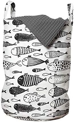Bolsa de lavanderia náutica de Ambesonne, tema marinho de peixes monocromáticos desenhados à mão em estilo esboçado,