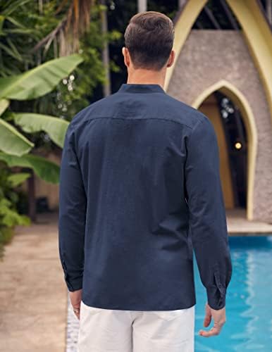 Coofandy masculina camisa de linho de algodão de manga comprida botão para baixo camisa colar de colarinho de ioga de praia
