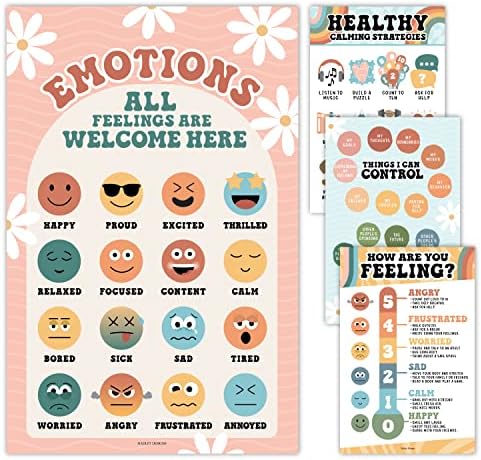 4 Gráfico de sentimentos retrô para crianças que aprendem pôsteres para paredes, 16 crianças pôsteres educacionais para