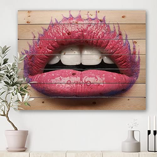 Designq Belas lábios femininos com batom rosa Moderno e contemporâneo Decoração de parede de madeira, arte de parede de madeira