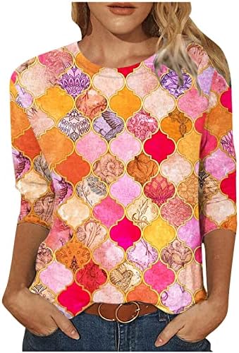 Camiseta de outono de verão para mulheres longas 3/4 manga 2023 Crewneck Boat Bonk Cotton Cotton Lounge Blouse JQ JQ