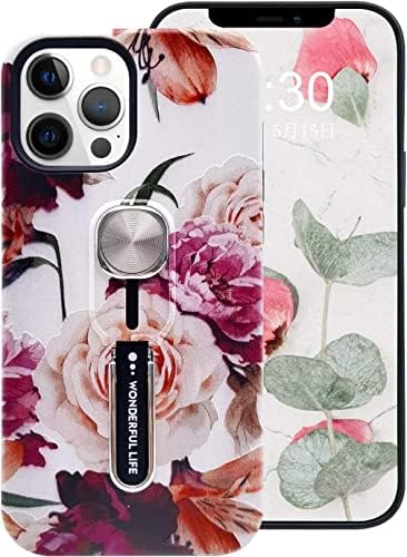 Omio compatível com iPhone 12 Pro Max Flower Caso Peony Roses Flores Imprimir padrão floral Tampa Tampa do dedo Ring Boleteiro de alça