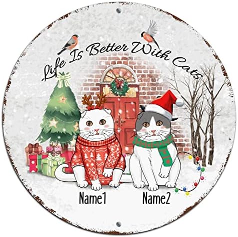 Red Wreatch Wreatch Sign Life é melhor com gatos nome personalizado redondo lata de metal sinal de natal decorações de portas de natal