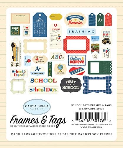Carta Bella Paper Company Dias escolares Frames & Tags Ephemera, EUA: tamanho, marinha, vermelho, amarelo, verde