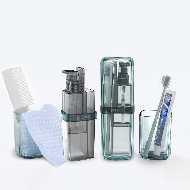 Caixa de viagem da escova de dentes, kit de viagem portátil 7 em 1, escova de dentes e porta -pasta de dentes, shampoo e dispensador